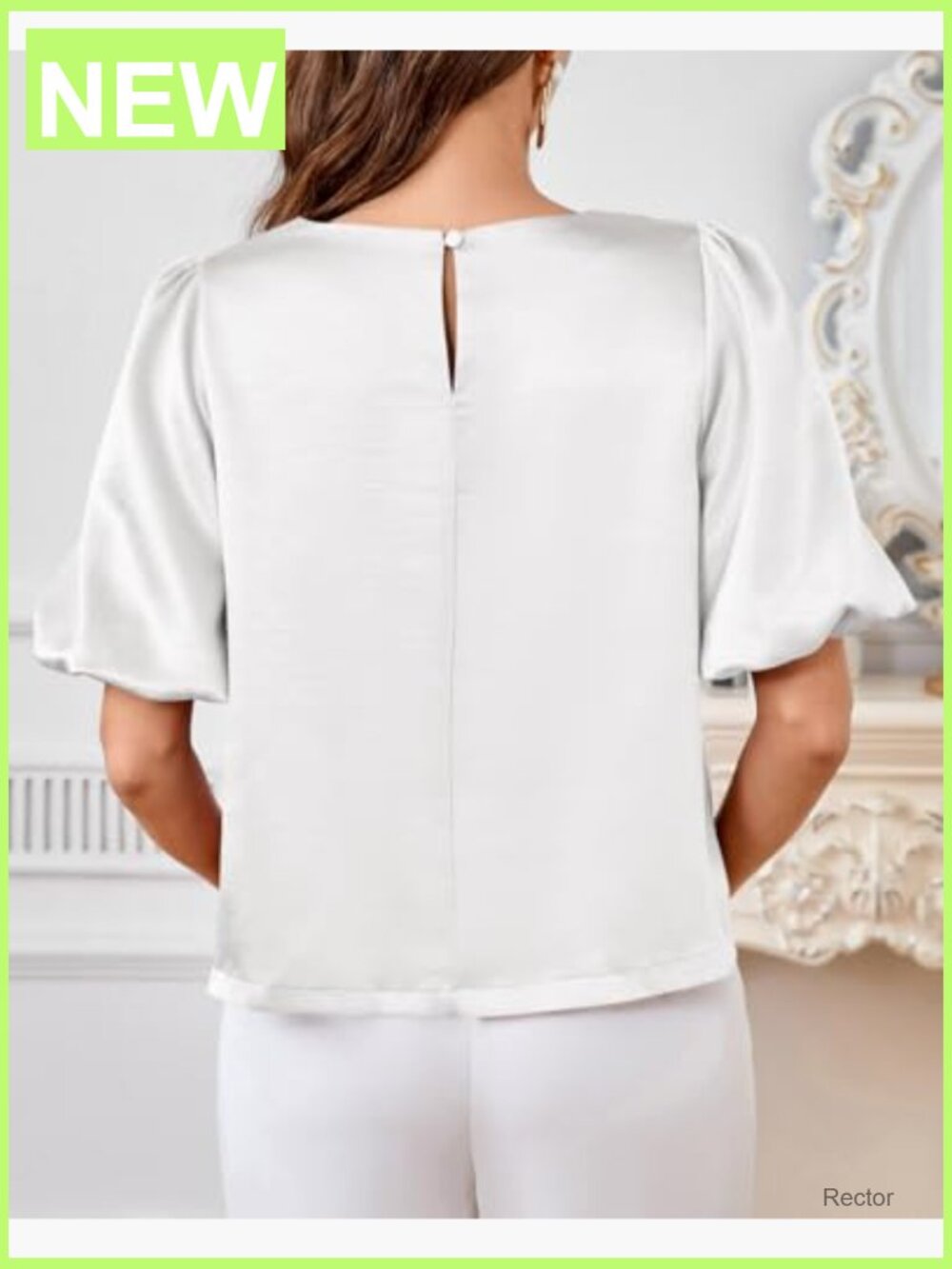 Women's Satin Silk Blouse Puff Short Sleeve Dressy Casual Top Loose Fit Crew - Picture 5 of 7
